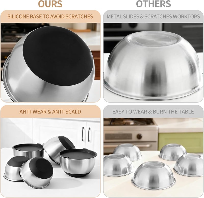 Deedro Premium Mixing Bowls with Airtight Lids Set, 22Pcs Thicker Stainless Steel Mixing Bowl Set, Large Prep Metal Bowls, Non-Slip Silicone Base Nesting Bowls for Kitchen, 1.5/2/3/4/5 QT, Black - Image 4